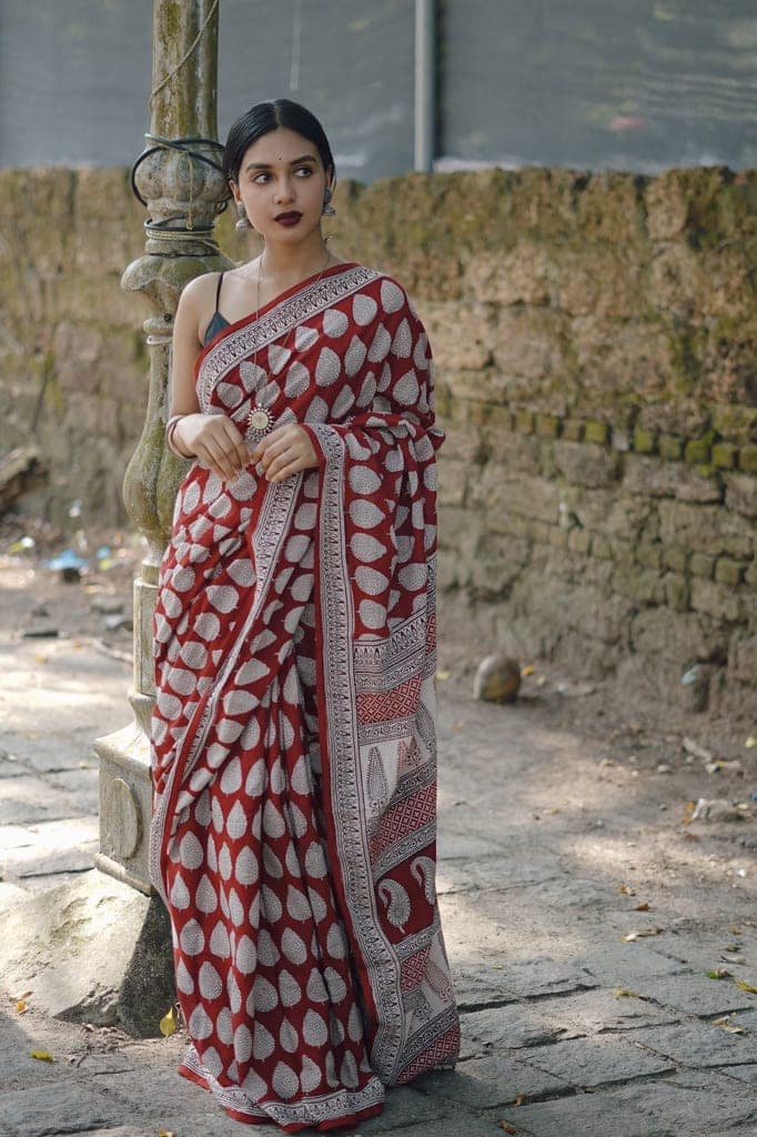 Kaisori Nandana Bagh Patti boota handblockprinted cotton saree view 5