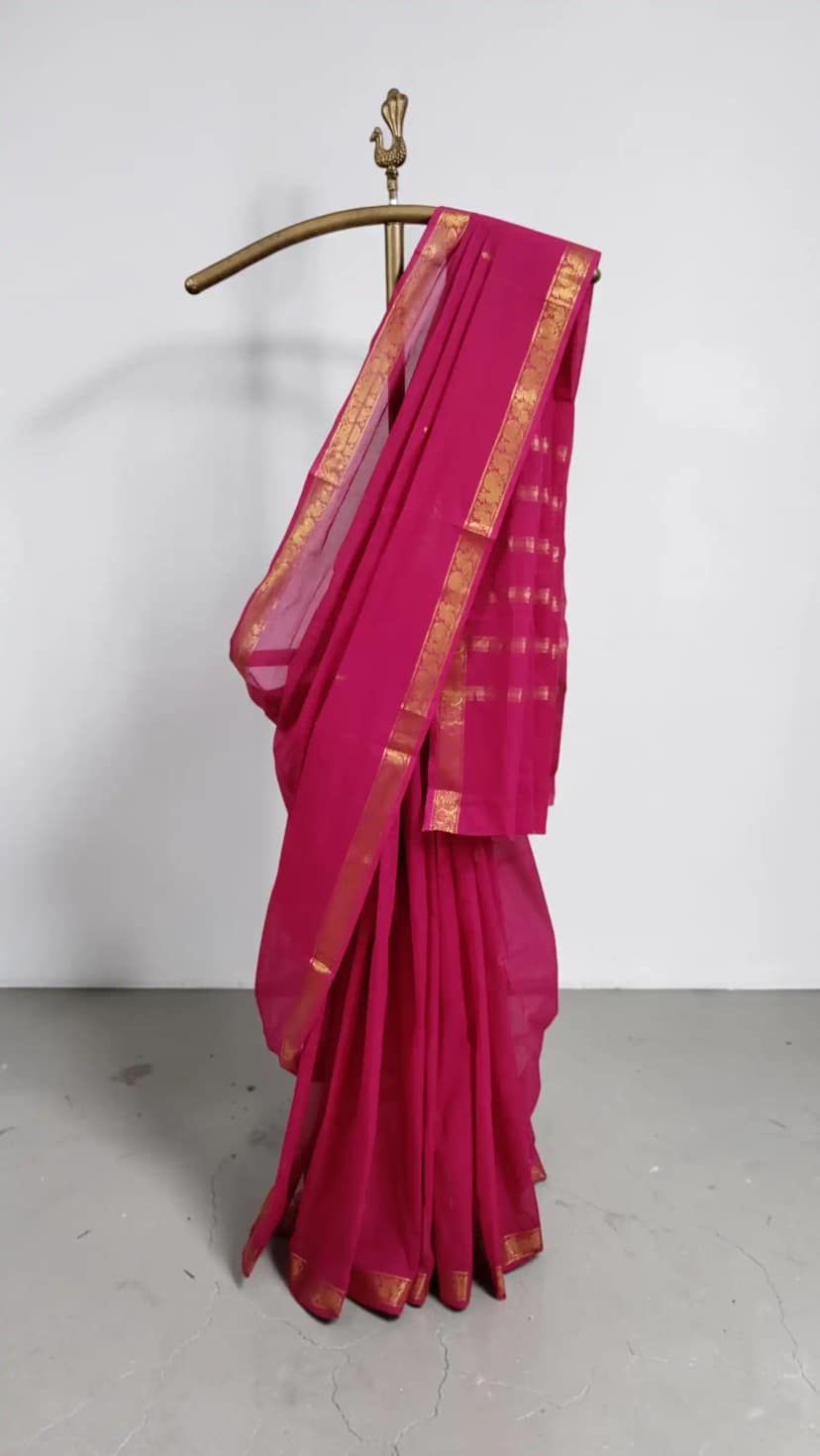 Magenta Pink Kanchipuram Cotton Saree with Golden Woven Border view 3