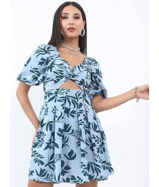 Ketch Women Polyester Printed Cut Out Dress ( Blue )