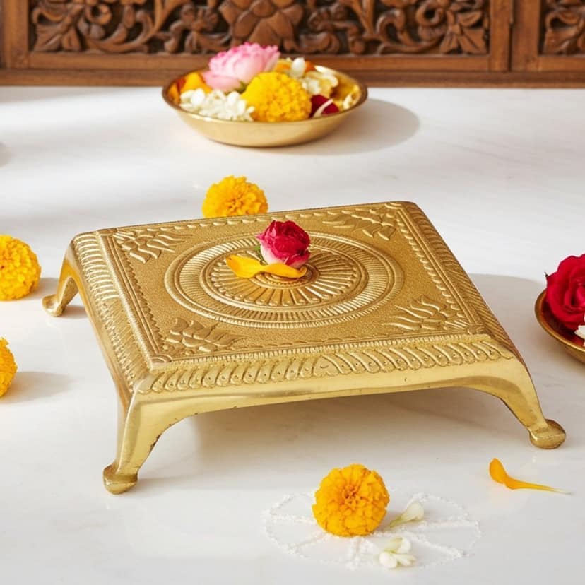 Brass Chowki for God Idol - Traditional Puja Base Stand, Length : 5.5 Inch (BSMAS1022 E)