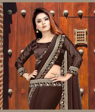 WXW Fashion Lycra Embroidered Regular Saree With Unstitched Blouse Piece ( Brown )