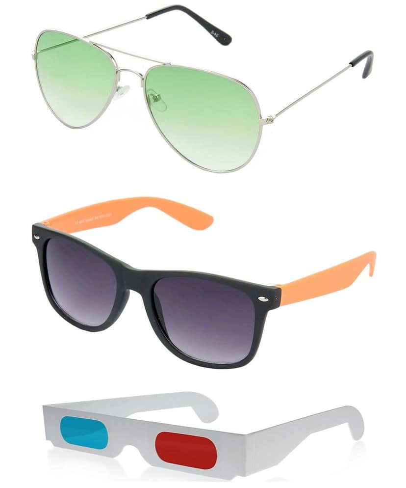 HRINKAR Pilot And Rectangular Stylish Sunglasses For Men And Women (Green And Grey Lens | Silver And Black Frame - HCMB168) With Free Paper 3D Glass