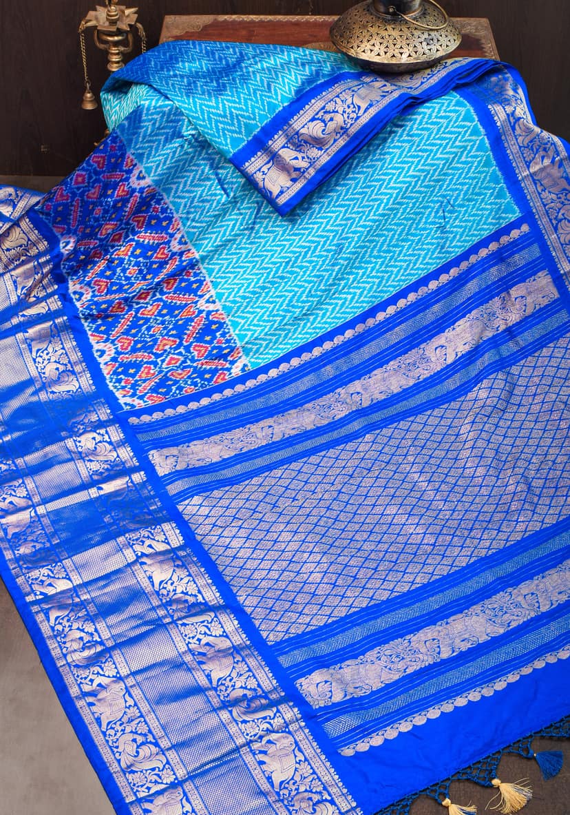 Arctic blue Ikkat Patola Kanjivaram Fusion Silk Saree with wide zari border |SILK MARK CERTIFIED