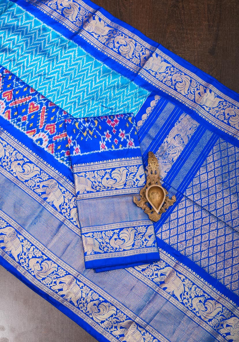 Arctic blue Ikkat Patola Kanjivaram Fusion Silk Saree with wide zari border |SILK MARK CERTIFIED view 2