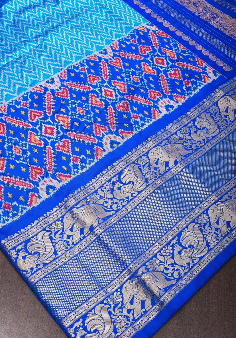 Arctic blue Ikkat Patola Kanjivaram Fusion Silk Saree with wide zari border |SILK MARK CERTIFIED view 5