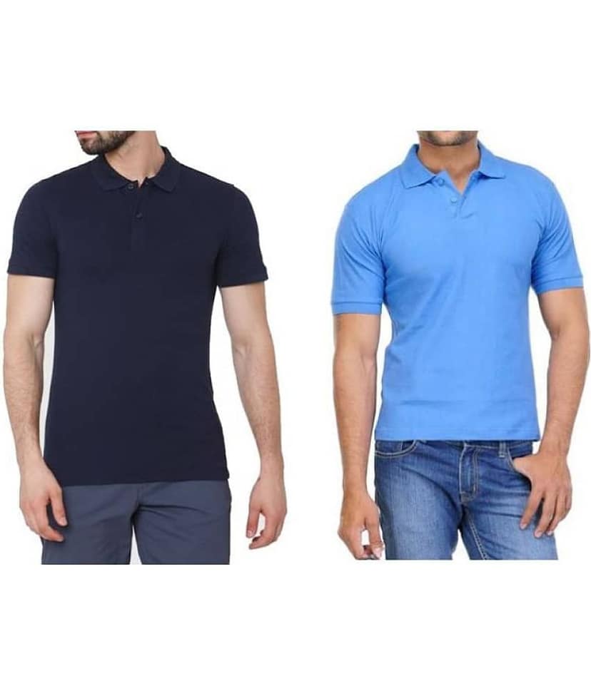 FASHION365 Pack of 2 Cotton Blend Slim Fit Solid Half Sleeves Men's Polo T Shirt ( Blue )