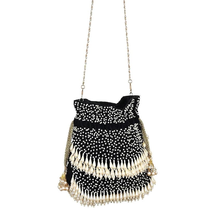 Party Wear Pearls Ethnic Potli Bag FHS Color Black