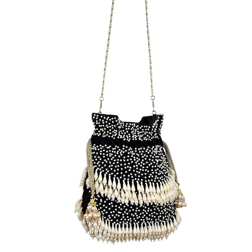 Party Wear Pearls Ethnic Potli Bag FHS Color Black view 2