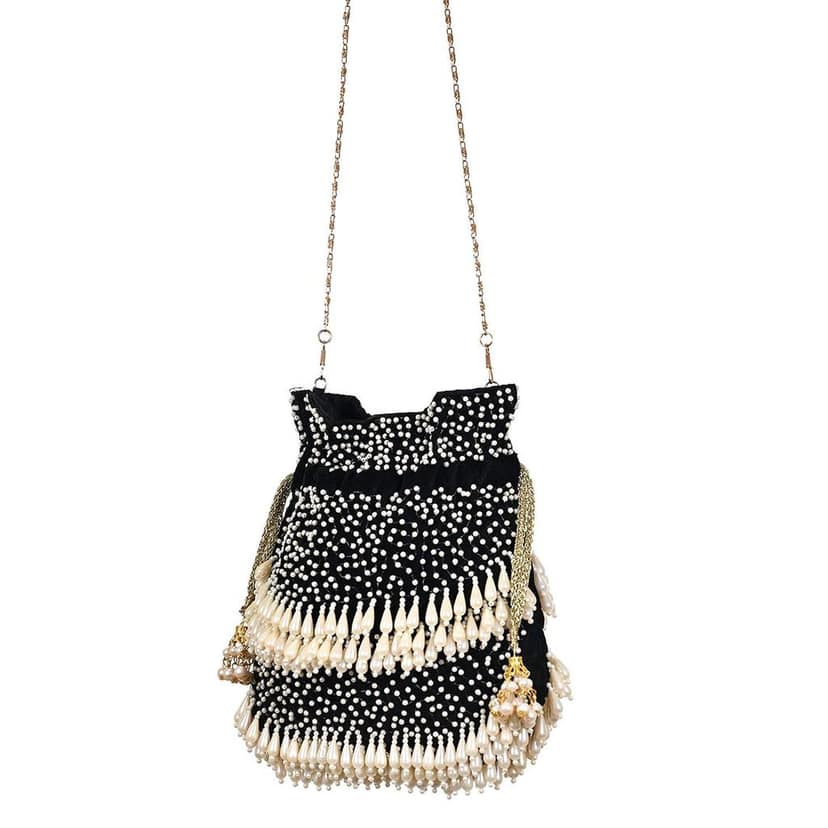 Party Wear Pearls Ethnic Potli Bag FHS Color Black view 4