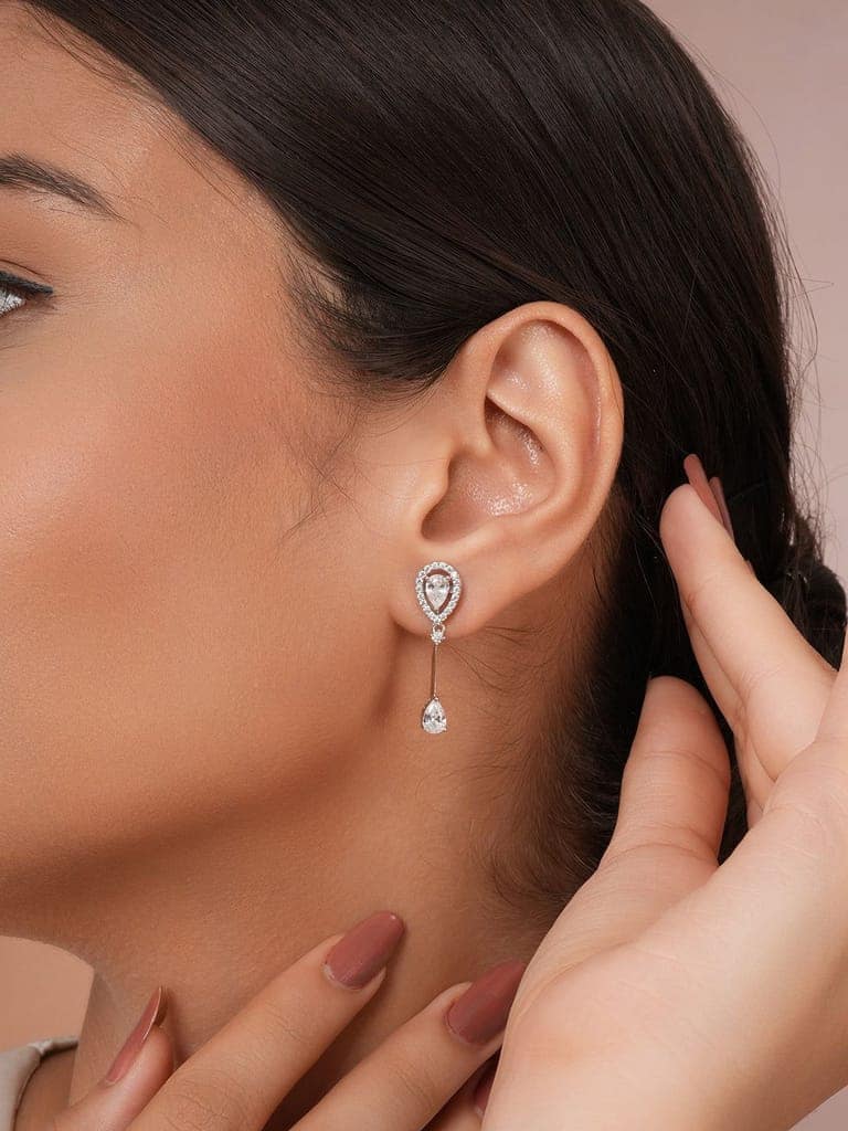 925 Sterling Silver Rhodium Plated Pear Drop Earrings view 2