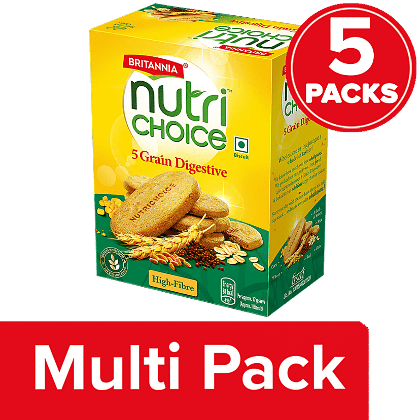 Britannia Nutri Choice 5 Grain Digestive Multigrain Biscuits - High Fibre, With Honey, 5 x 200 g Multipack