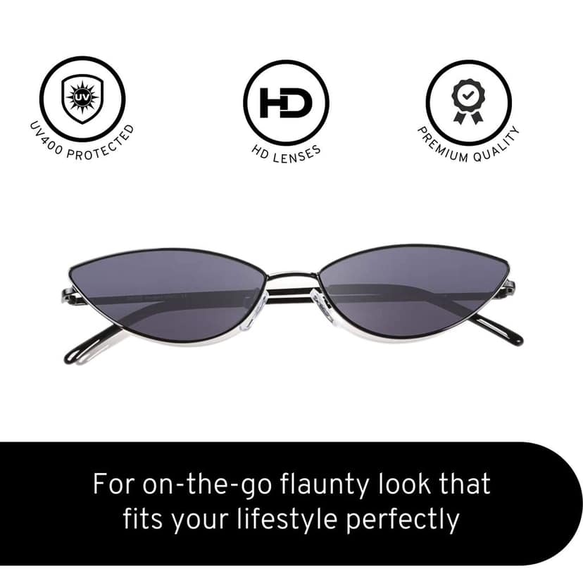4Flaunt Full Rim Metal Frame Retro Narrow Cute, Stylish & Trending Oval Cat Eye Sunglasses For Women | 100% UV Protected | Medium (58-20-145mm) (C1 - Black Frame/Black Lens) view 3