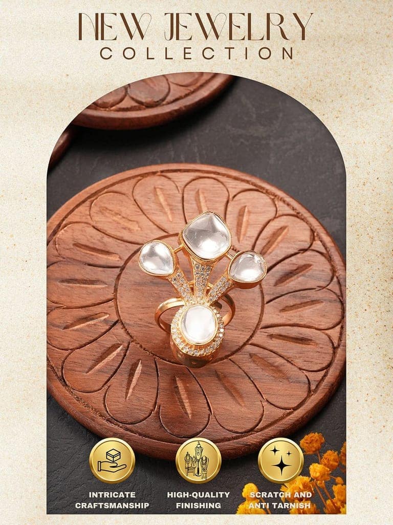 Antique Gold Plated Kundan Studded Intricate Solitaire Finger Rings view 4