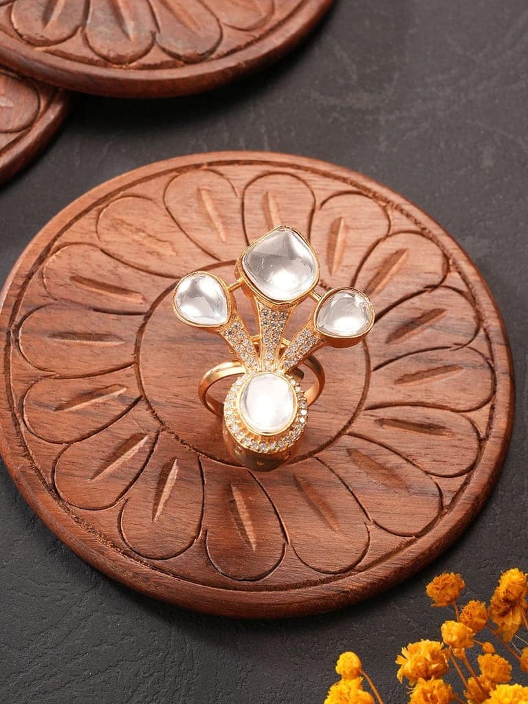 Antique Gold Plated Kundan Studded Intricate Solitaire Finger Rings view 5