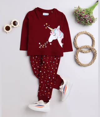 BUMZEE Pack of 1 Girls Cotton Top With Pajama ( Maroon )