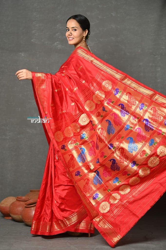 Tyohaar ~ Handloom Pure Silk Maharani Paithani Saree with Nath Buttis & Handcrafted Peacock Lotus Pallu ~ Red