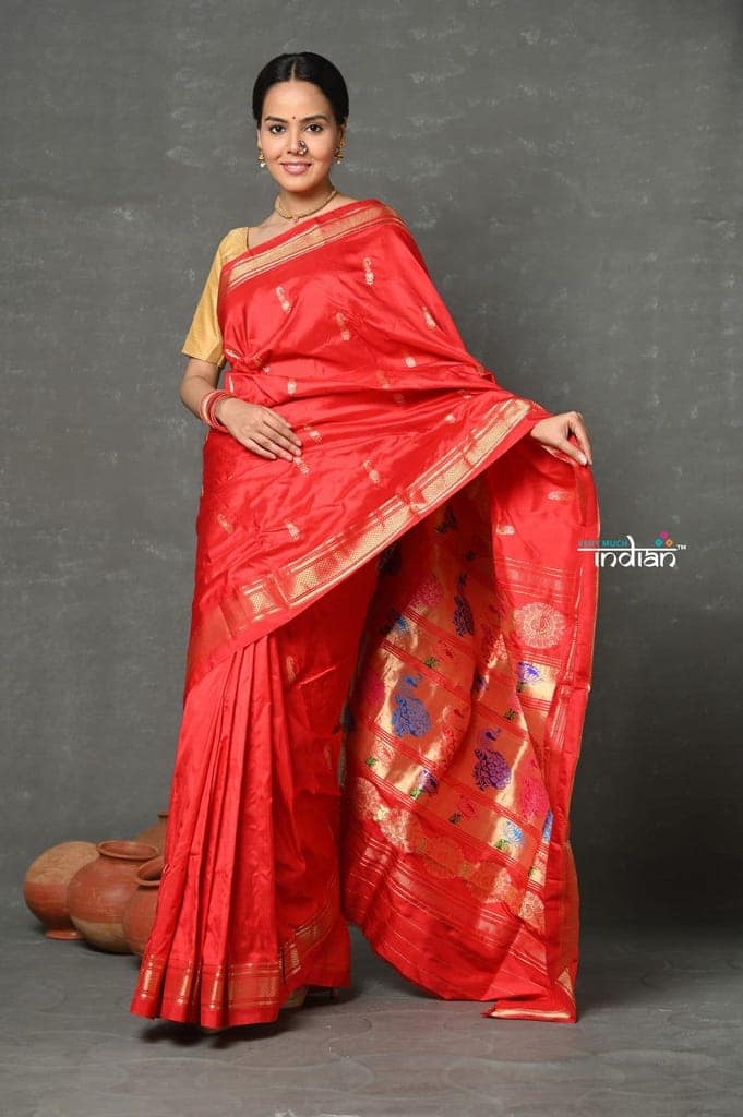 Tyohaar ~ Handloom Pure Silk Maharani Paithani Saree with Nath Buttis & Handcrafted Peacock Lotus Pallu ~ Red view 2