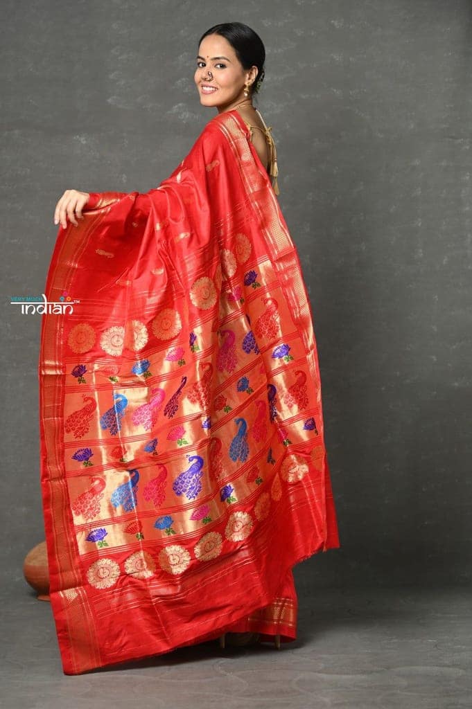 Tyohaar ~ Handloom Pure Silk Maharani Paithani Saree with Nath Buttis & Handcrafted Peacock Lotus Pallu ~ Red view 3