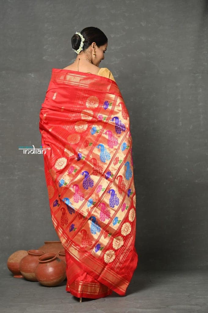 Tyohaar ~ Handloom Pure Silk Maharani Paithani Saree with Nath Buttis & Handcrafted Peacock Lotus Pallu ~ Red view 4