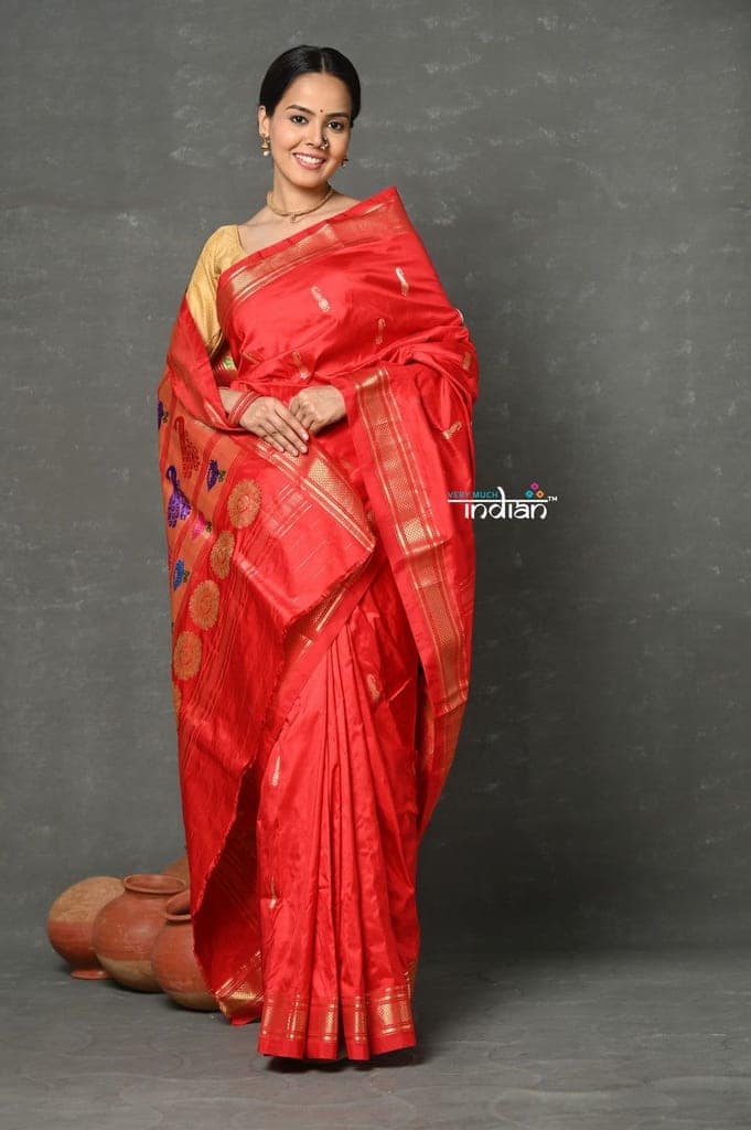 Tyohaar ~ Handloom Pure Silk Maharani Paithani Saree with Nath Buttis & Handcrafted Peacock Lotus Pallu ~ Red view 5