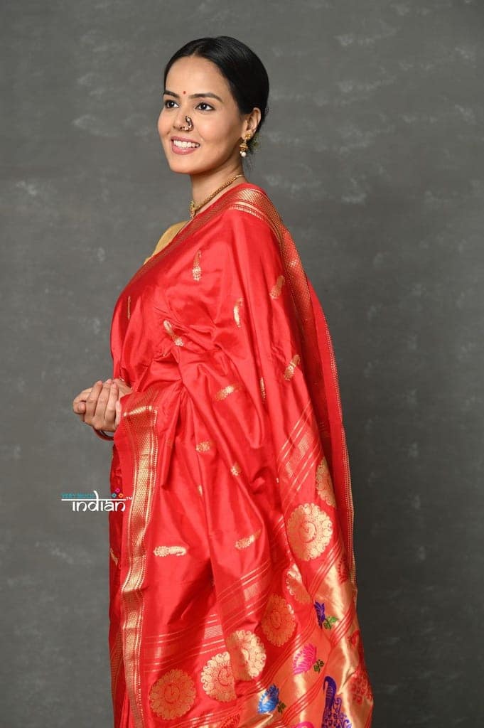 Tyohaar ~ Handloom Pure Silk Maharani Paithani Saree with Nath Buttis & Handcrafted Peacock Lotus Pallu ~ Red view 6
