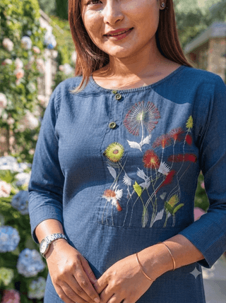 Women's Blue Denim Embroidered Straight Kurta