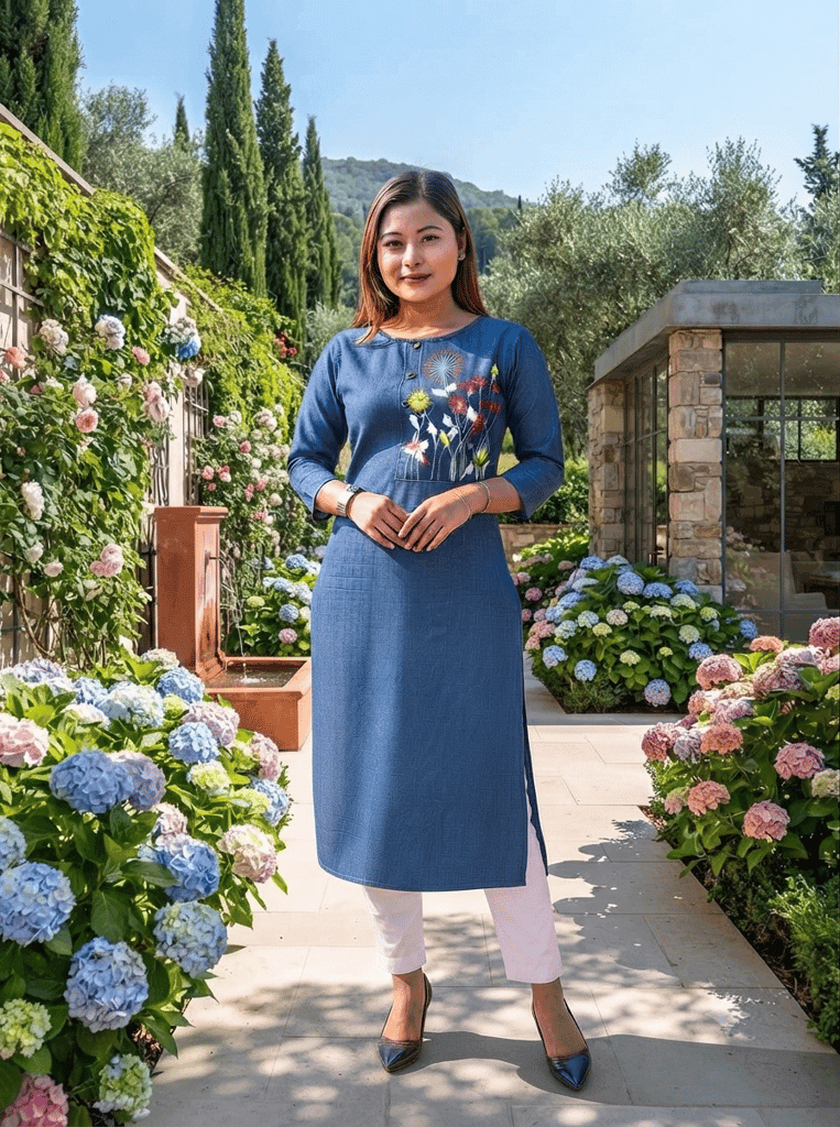 Women's Blue Denim Embroidered Straight Kurta view 2