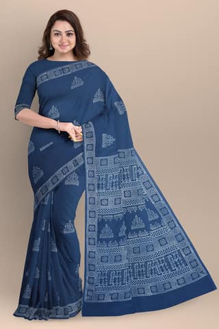 Dark Blue Tribal Motif Chhipa Hand Block Print Malmal Cotton Saree SKU-AS10068