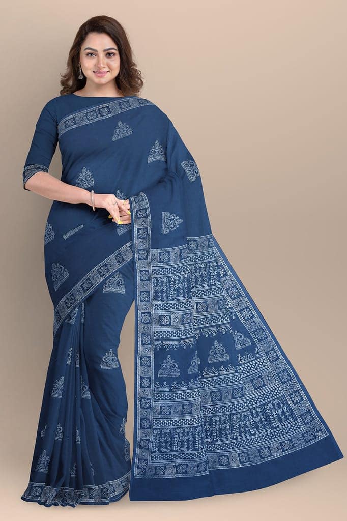 Dark Blue Tribal Motif Chhipa Hand Block Print Malmal Cotton Saree SKU-AS10068