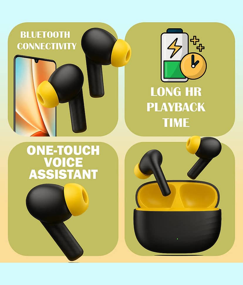 "Wireless Bluetooth Earbuds with Deep Bass, Fast Charging Case, Touch Control & Voice Assistant | Stylish Black & Yellow Design for Music, Calls, Gaming, Workout & Travel" view 2