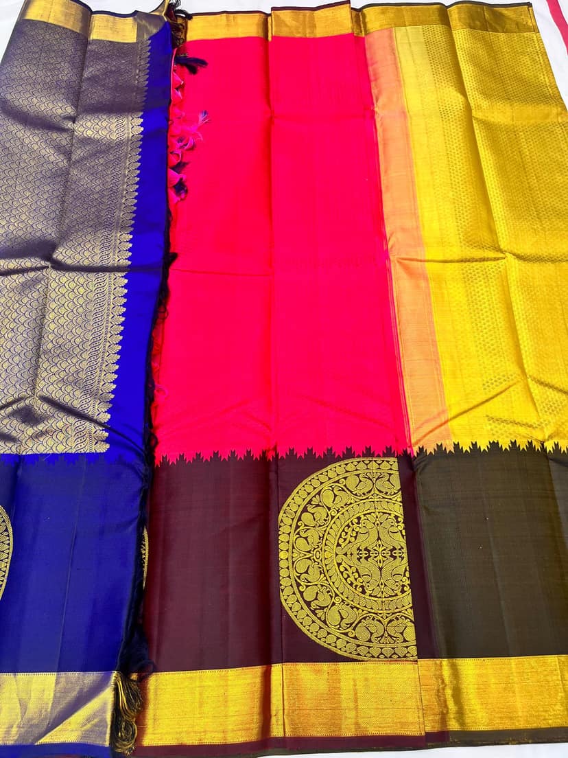 Yellow With Blue Color Long Border Kanjivaram Pure Silk Saree Has Pink Color Center Pleats view 3