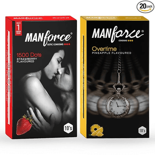 MANFORCE 3 in 1 Wild Ribbed Contour Dotted Strawberry Flavor Condoms - 10 Pieces & Overtime Pineapple 3in1 (Ribbed Contour Dotted) Condoms - 10 Pieces Condom (Set of 2 20 Sheets)