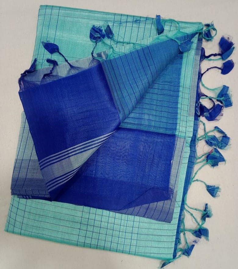Seafoam Green and Royal Blue Linen Saree With Silver Zari Border view 2