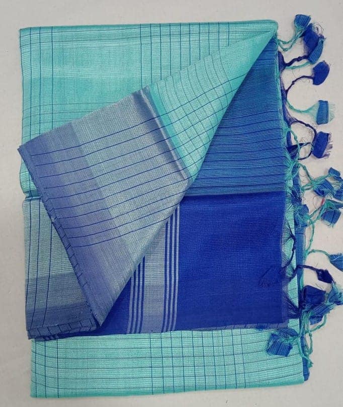 Seafoam Green and Royal Blue Linen Saree With Silver Zari Border view 3