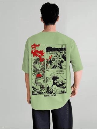 SCOTT FINCHER Men's T-Shirt with Dragon and Wave Graphic : AA(ARN)LGREEN_247