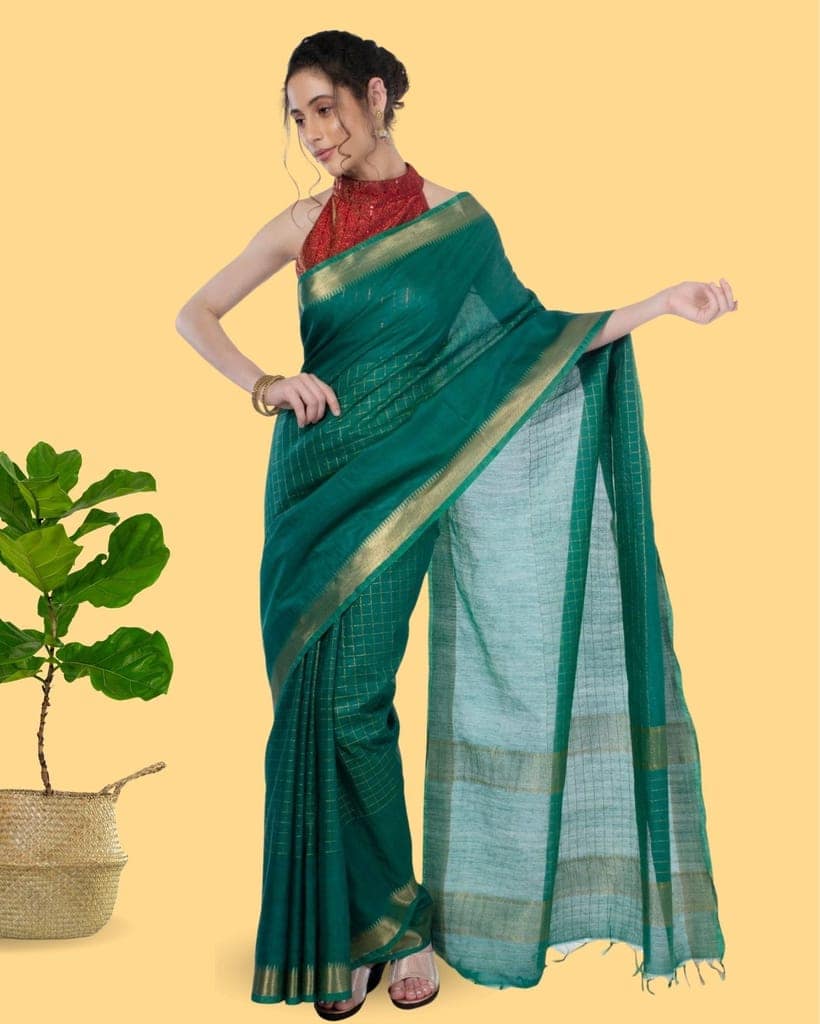 Kota Silk Green color Saree with Running Blouse Zari Border Handcrafted-3178 view 2