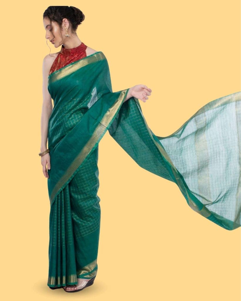 Kota Silk Green color Saree with Running Blouse Zari Border Handcrafted-3178 view 3