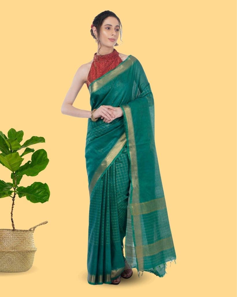 Kota Silk Green color Saree with Running Blouse Zari Border Handcrafted-3178 view 4
