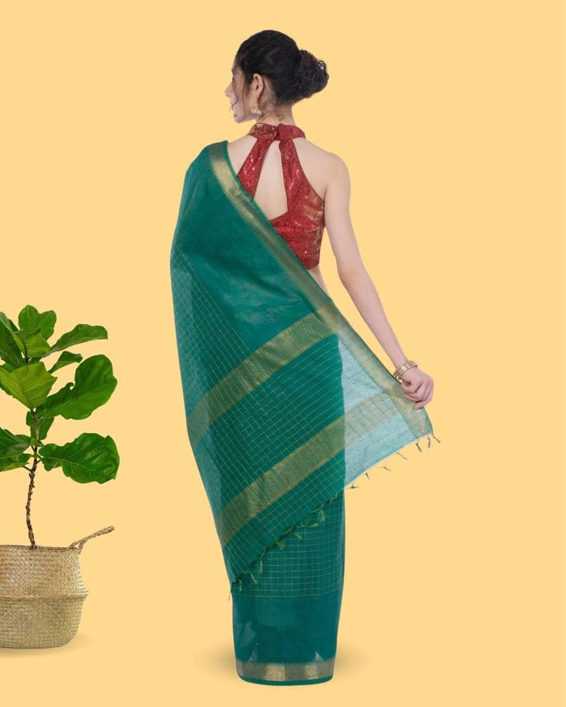 Kota Silk Green color Saree with Running Blouse Zari Border Handcrafted-3178 view 6