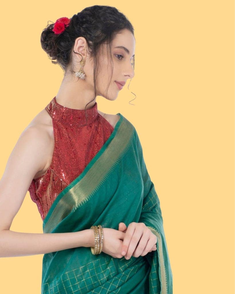 Kota Silk Green color Saree with Running Blouse Zari Border Handcrafted-3178 view 7