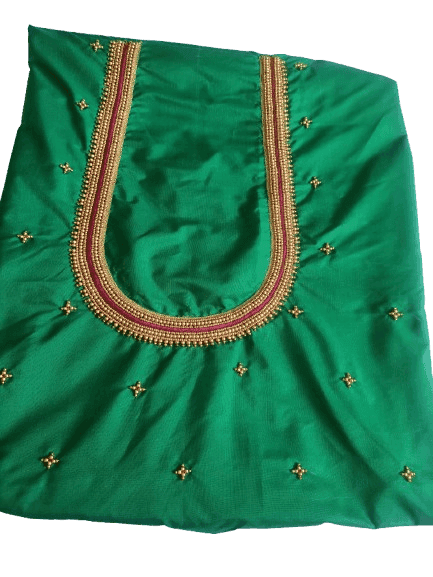 Green silk embroidered blouse with mirror work