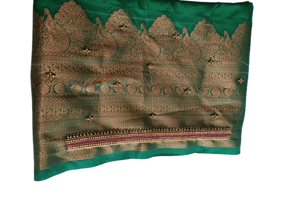 Green silk embroidered blouse with mirror work view 3