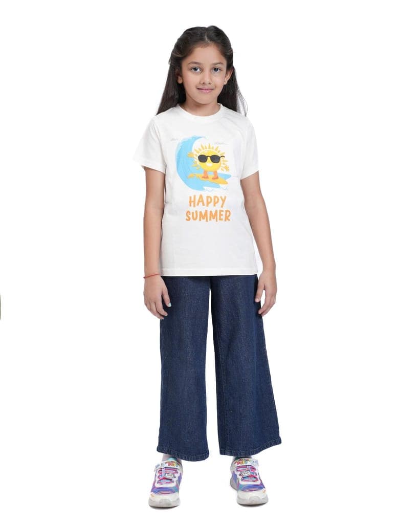 KUCHU Kids Graphic Printed T-Shirt | Happy Summer | Cotton Modal Fabric | Soft & Skin-Friendly | Everyday Casual Wear for Boys & Girls (in, Age, 6 Years, 7 Years, Regular, White) view 2