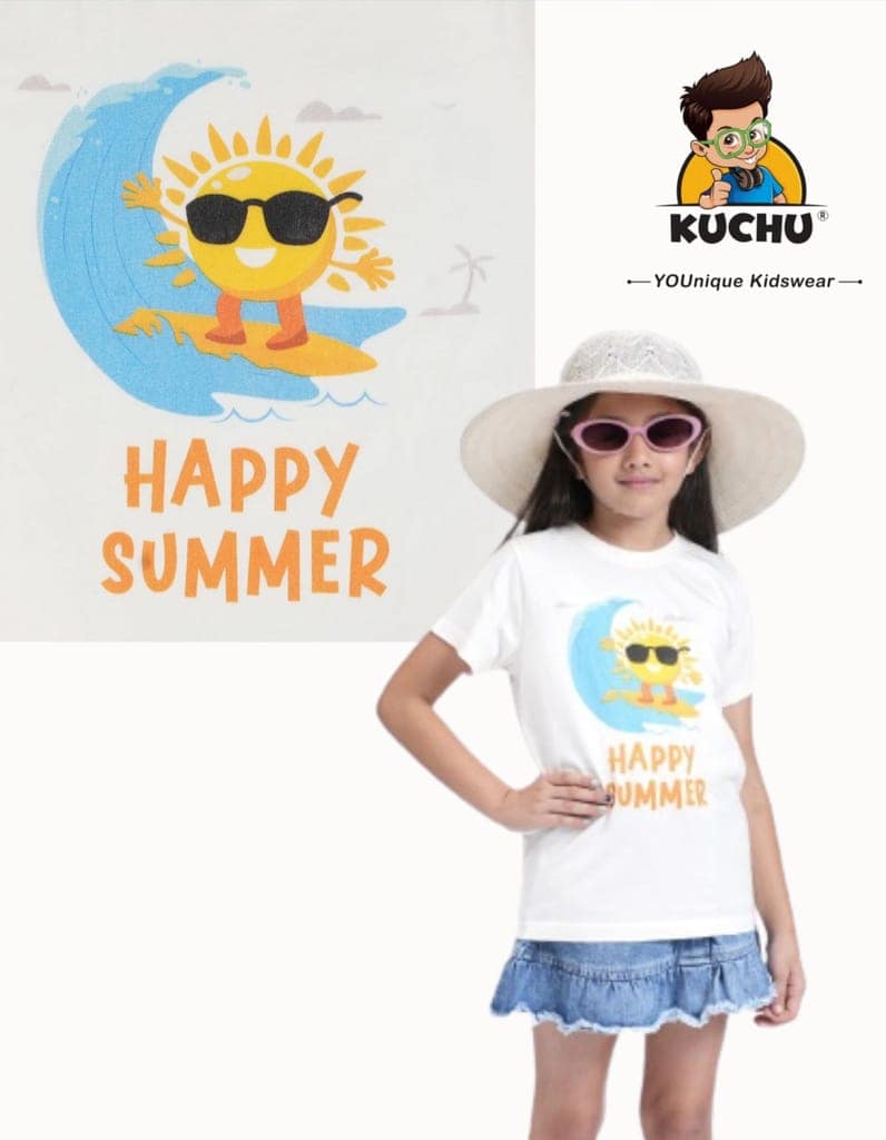 KUCHU Kids Graphic Printed T-Shirt | Happy Summer | Cotton Modal Fabric | Soft & Skin-Friendly | Everyday Casual Wear for Boys & Girls (in, Age, 6 Years, 7 Years, Regular, White) view 7