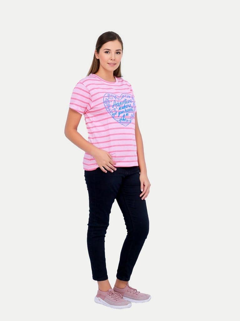 Women Pink Striped Printed T-shirt view 2