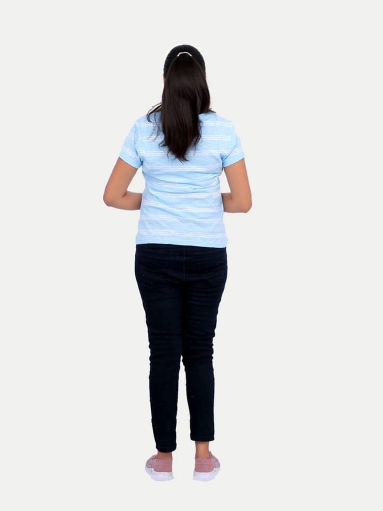 Women Light Blue Striped Half Sleeve V Neck Printed T-shirt view 4