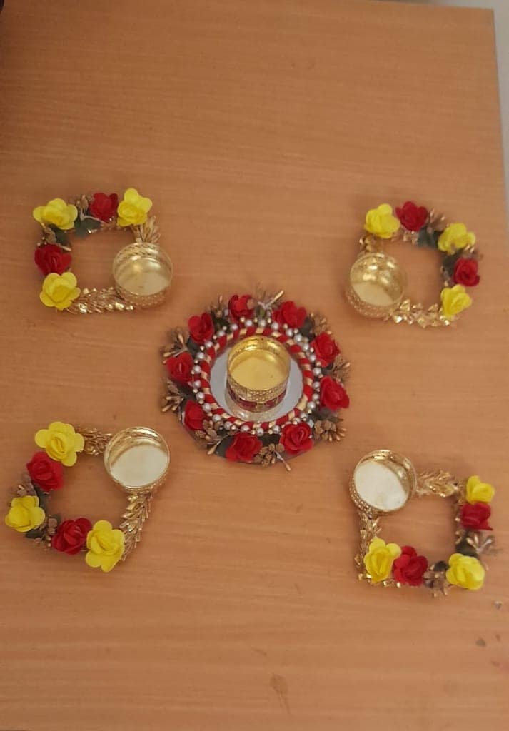 Artificial Rose Flower,Pearl with Beads TEALIGHTS with TEALIGHTS Holders Festive Decor(Set of 5pcs) (Green & RED) view 2