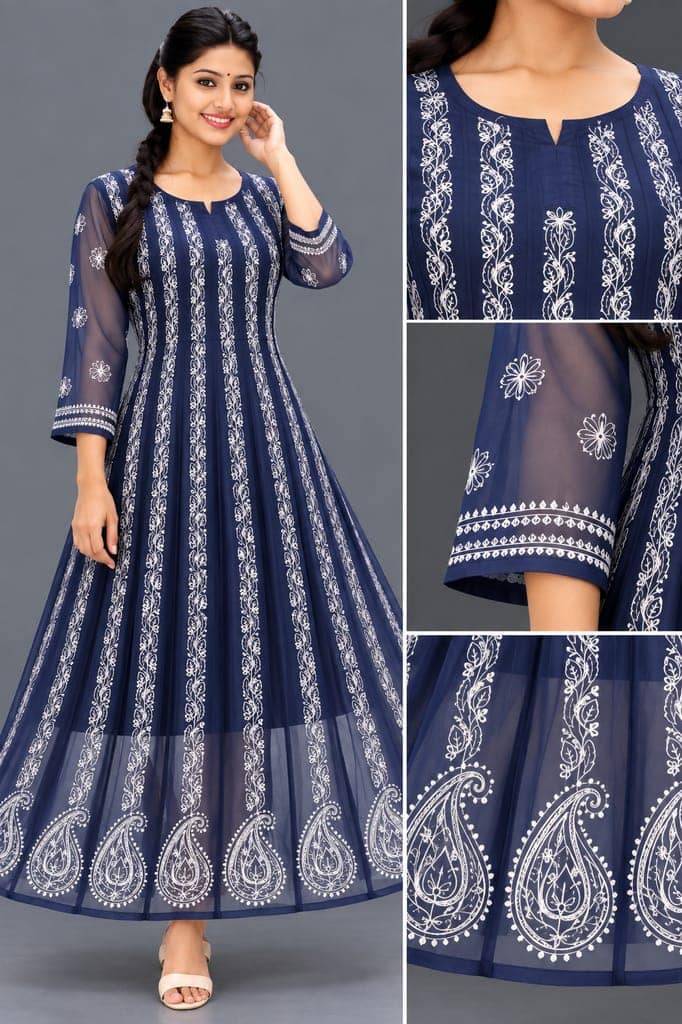 Mrs Right Women’s Lucknowi Chikankari Anarkali Kurta in Soft Georgette | Handcrafted Floral Embroidery | 3/4 Sleeves | 45 Inch Length | 74 Inch Flare | Festive Ethnic Wear view 2