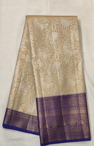 Ivory Gold Zari Saree with Royal Blue Border