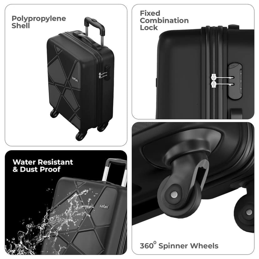 Polypropylene (Pp) Pentagon Hardside Small Size Cabin Luggage Suitcase 4 Spinner Wheels Trolley Bags for Travel Black Color 55 Cm view 2